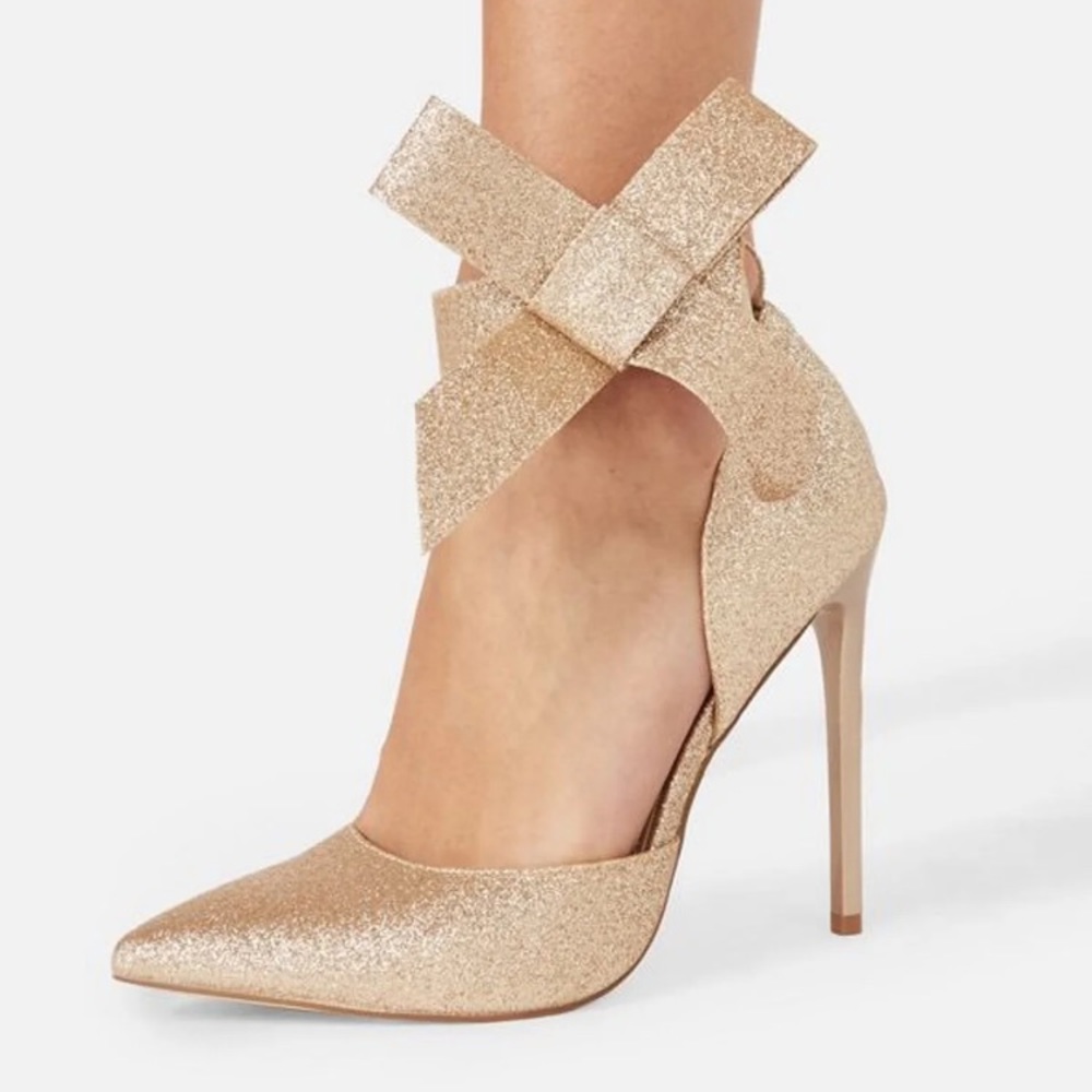 gold glitter bow heel pumps